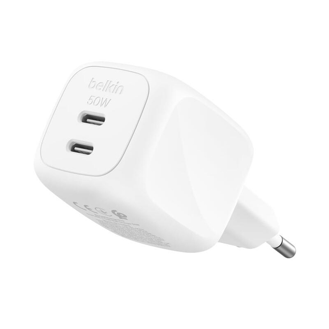 Belkin 50W Dual USB-C GaN Wall CHarger With PPS WCH019kqWH White