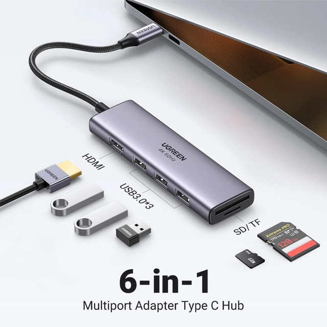 Ugreen 6-in1 Multifunction Type-C USB-C Adapter 3xUSB 3.0 HDMI SD/TF 60383 Silver