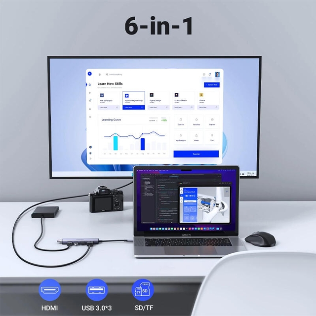 Ugreen 6-in1 Multifunction Type-C USB-C Adapter 3xUSB 3.0 HDMI SD/TF 60383 Silver