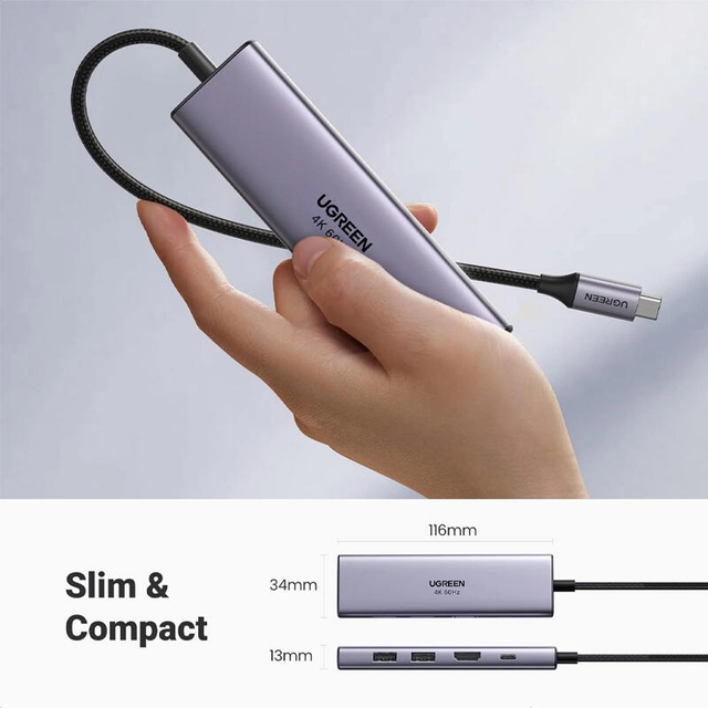 Ugreen 6-in1 Multifunction Type-C USB-C Adapter 3xUSB 3.0 HDMI SD/TF 60383 Silver