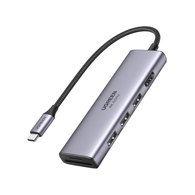 Ugreen 6-in1 Multifunction Type-C USB-C Adapter 3xUSB 3.0 HDMI SD/TF 60383 Silver